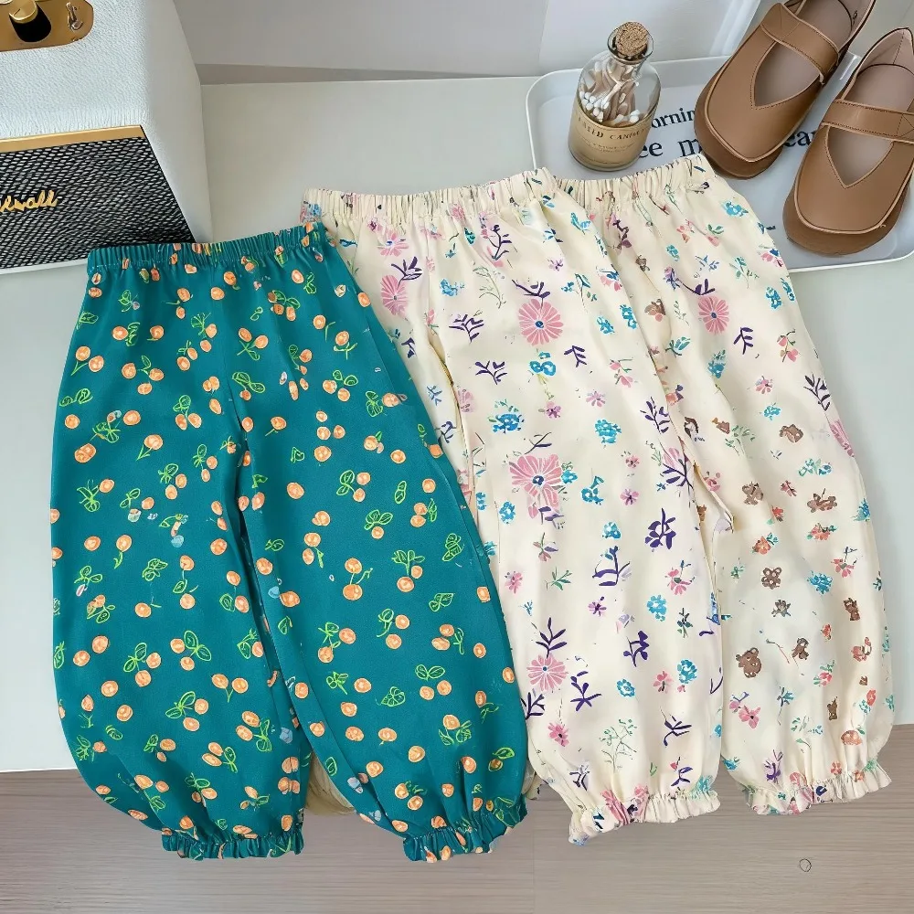 Pantalones informales elegantes y divertidos para niñas, pantalones florales con lunares, pantalones antimosquitos de verano para bebés y niños, pantalones sueltos con cintura elástica, pantalones finos y cómodos