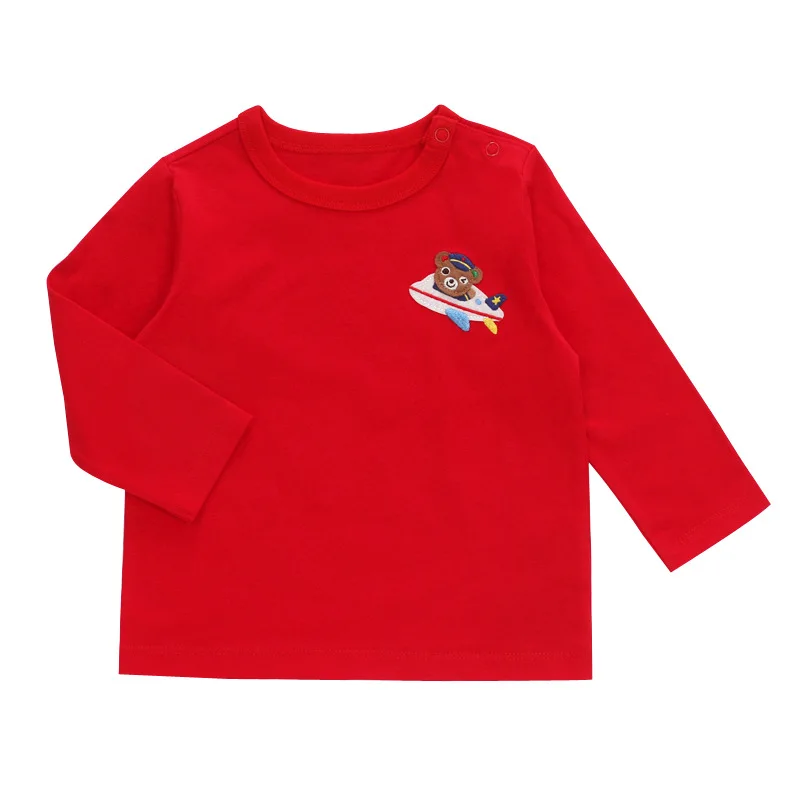 Japanese Cartoon Bear Airplane Long Sleeve T-Shirt Crew Neck for Boys Girls Kids Spring Autumn Solid Color Simple Basic Tee Tops