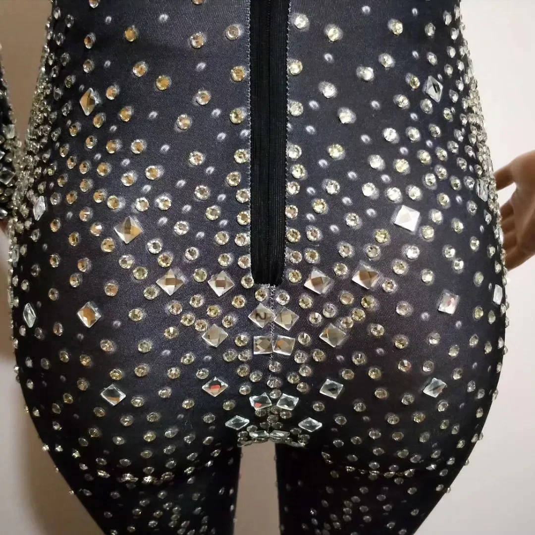 Combinaison noire de luxe pour femmes, strass, soirée, bal, fête d'anniversaire, tenue de reine, vêtements de scène