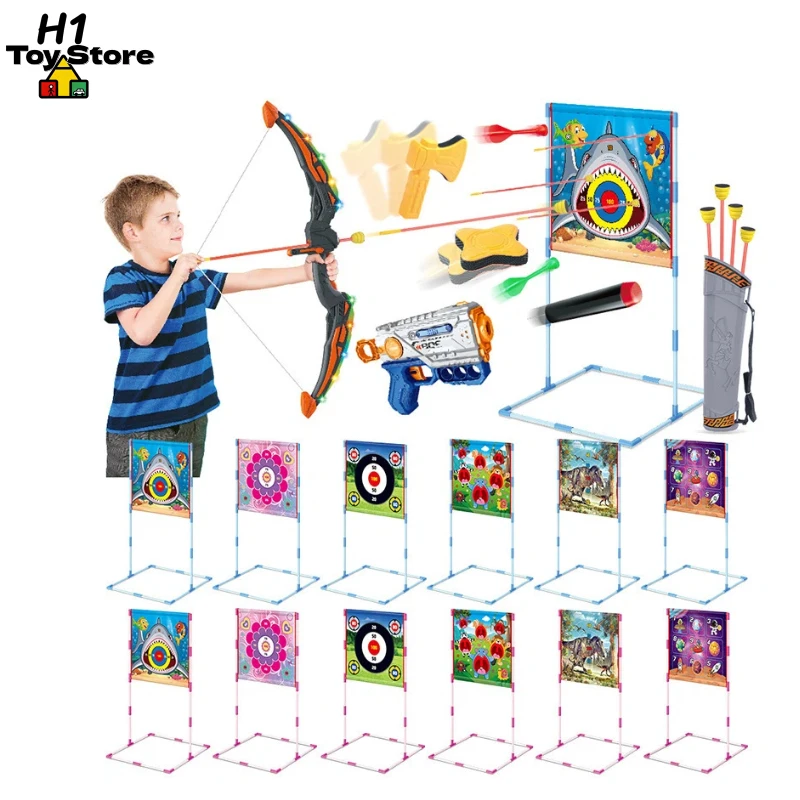 Conjunto de jogo de tiro 3 em 1: pistola de dardo macio e dardos de tiro com arco com placa de alvo brinquedos internos e externos para crianças meninos meninas