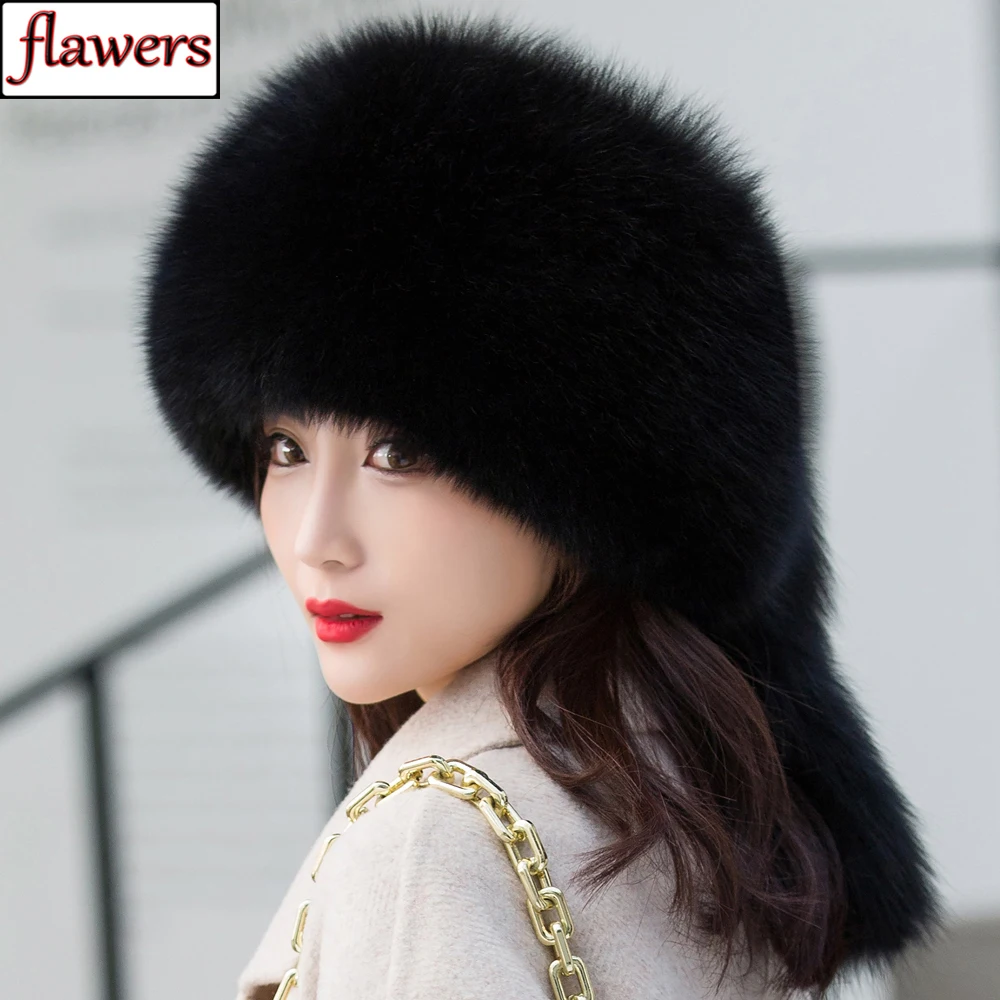 Bomber Hat For Women Winter Luxury 100% Real Fox Fur Hats Top Thick Style Rex Rabbit Fur Caps Lady Warm Real Fox Fur Headgear