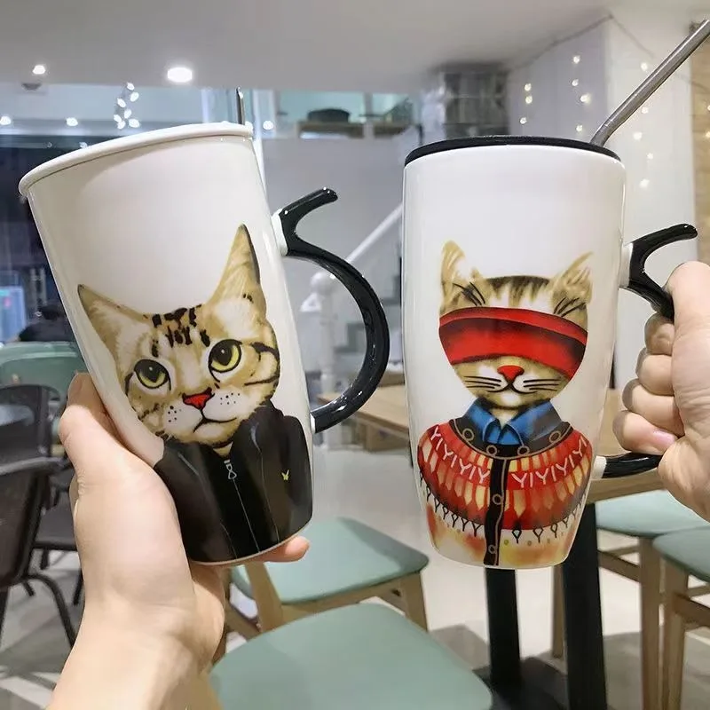 Caneca do casal bonito gato cerâmica café com tampa grande capacidade canecas animais criativo drinkware café chá novidade presentes copo de leite