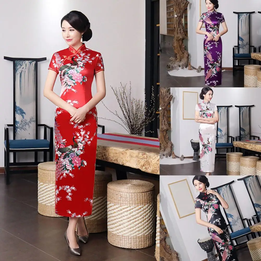 Fantástico Cheongsam largo clásico antiarrugas para mujer, manga corta, Cheongsam para mujer