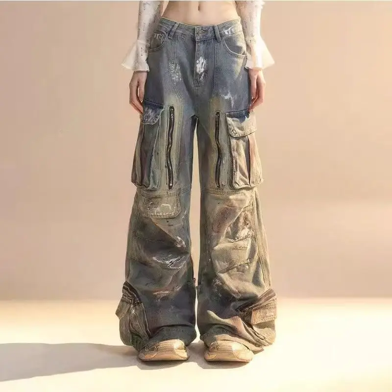 Y2K Harajuku Gothic Multi-Pocket Washed Black Jeans Men And Women Retro Heavy Industry Drag Pants Street Hip Hop Wide Leg Pants