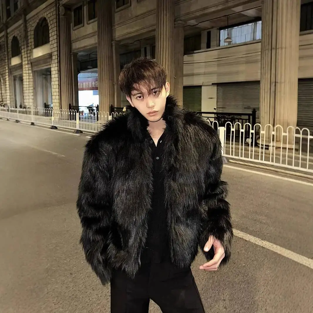 

Autumn Winter New Fashion Men's Black Solid Color Casual Trendy Loose Stand Collar Long Sleeve Faux Fur Coats Male Clothes Tops