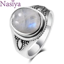 S925 Silver Jewelry 8x10MM Natural Rainbow Moonstone Gemstone Rings Luxury Jewelry Size 6-10