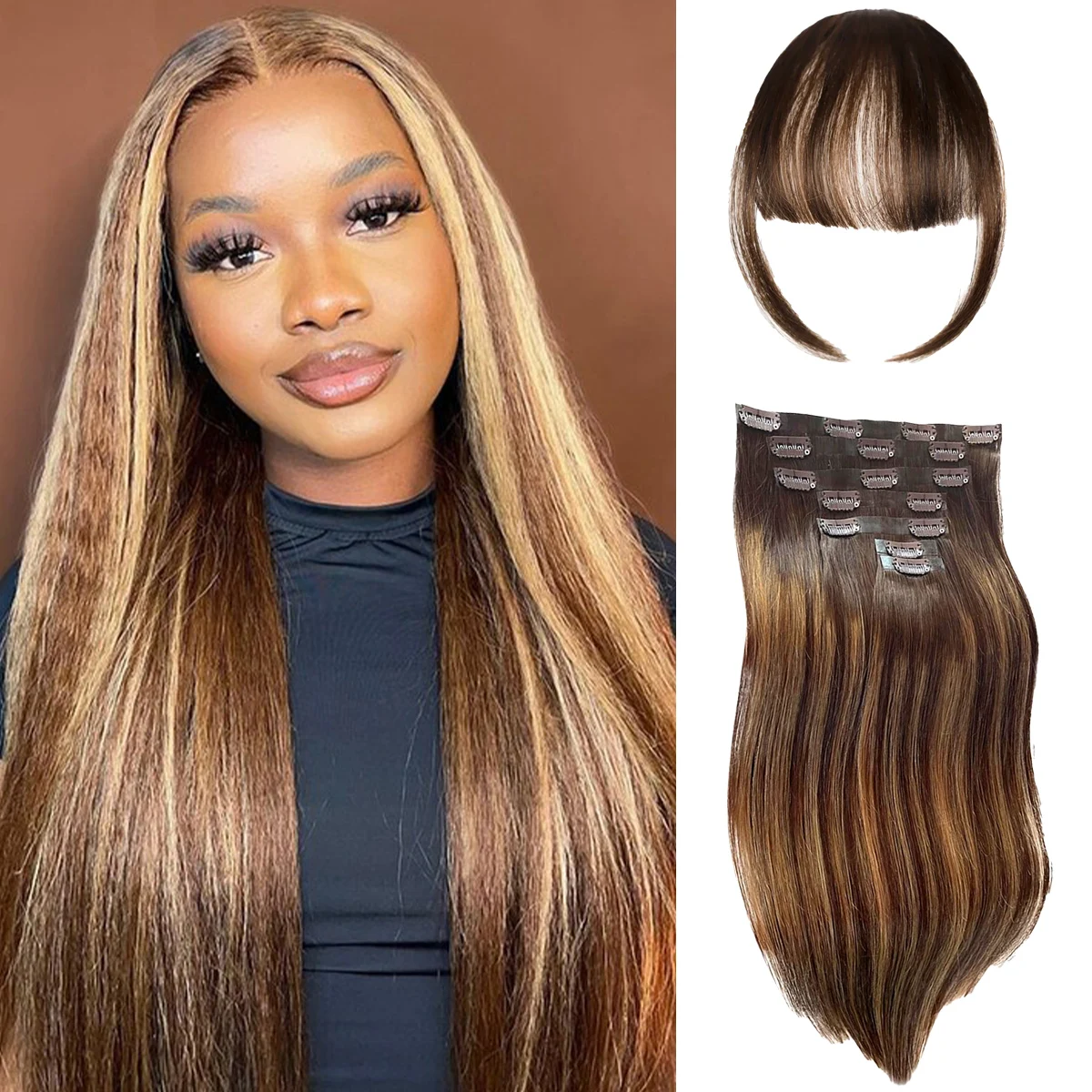 Highlight Clip in Hair Extensions 10pcs/Set 18-24 inches Natural Brown Human Hair Full Head 70-140G Clip Human Hairpieces P4-27