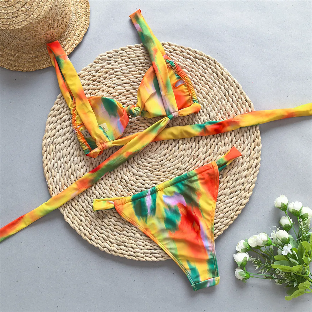 Bikini mit Blumenmuster im Tie-Dye-Stil, hoher Beinausschnitt, zweiteiliger Badeanzug für Damen, Badebekleidung, Badeanzug, Schwimmanzug V5842 – Detail 8