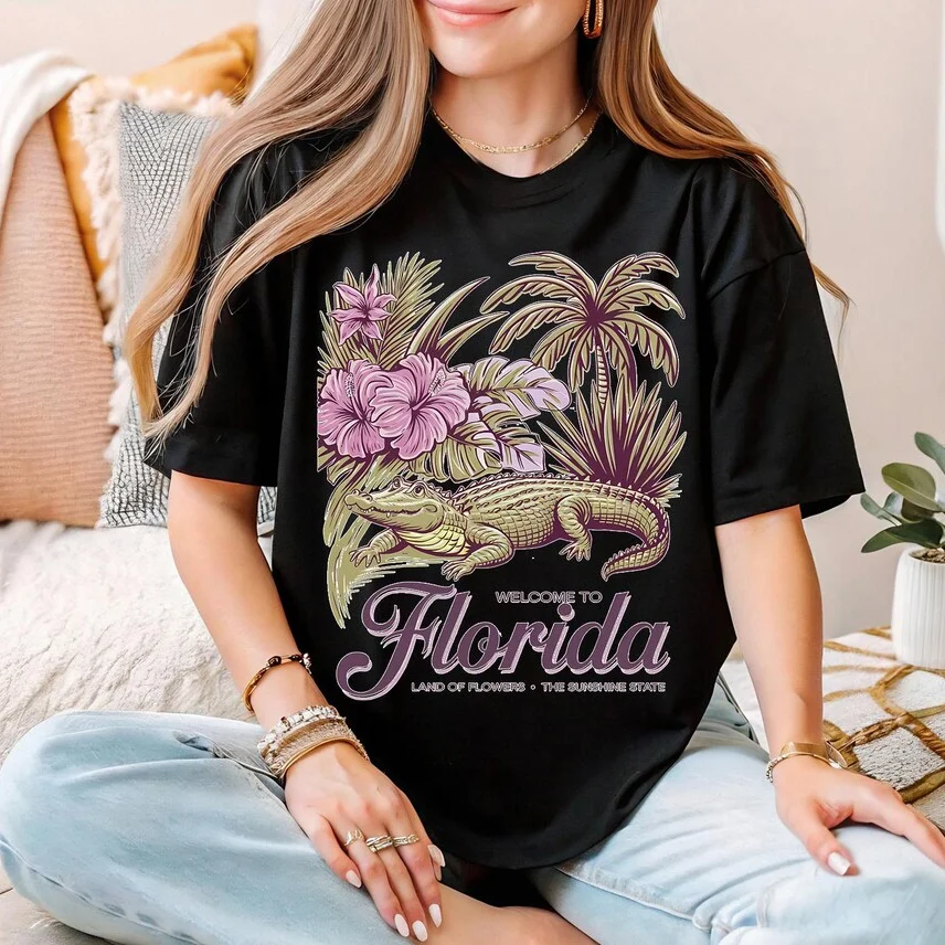 Welcome To Florida Shirt, Land Of Flowers Shirt, Alligator Palm Tree Shirt, Floral Florida Tee, Palm Beach Vacation Shirt