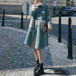 Patchwork Button Thick POLO Collar Long Sleeve Overcoat Elegant Fashion Harajuku Female Clothes Loose Casual All Match Outerwear