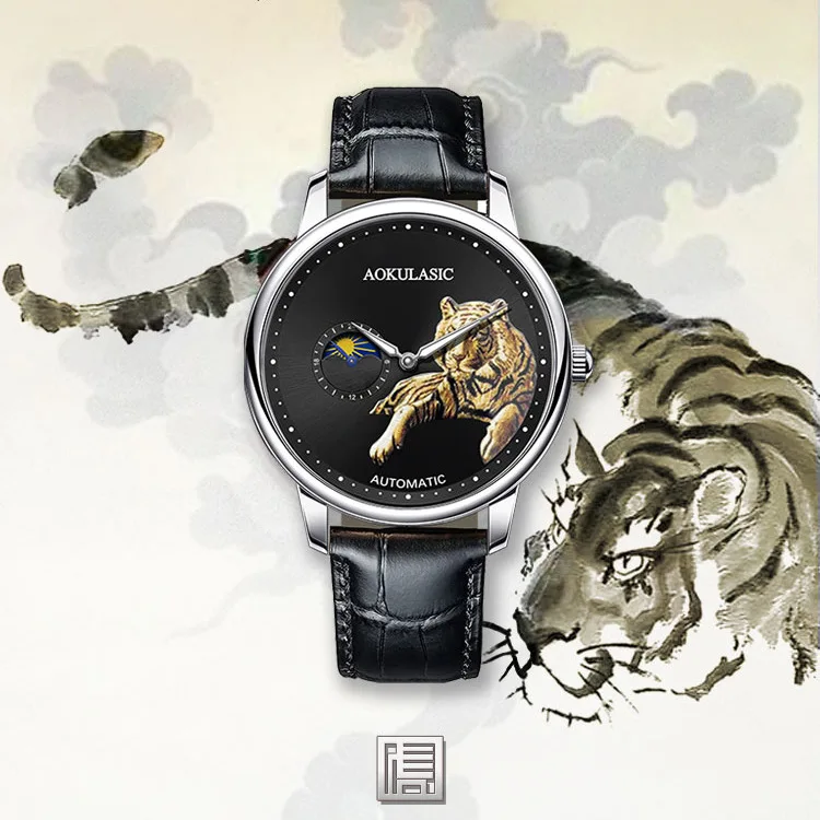 Stainless Steel New Tiger Series Sun-Moon-Star Luminous Skeleton Waterproof Self-Wind Automatic Watch for Men