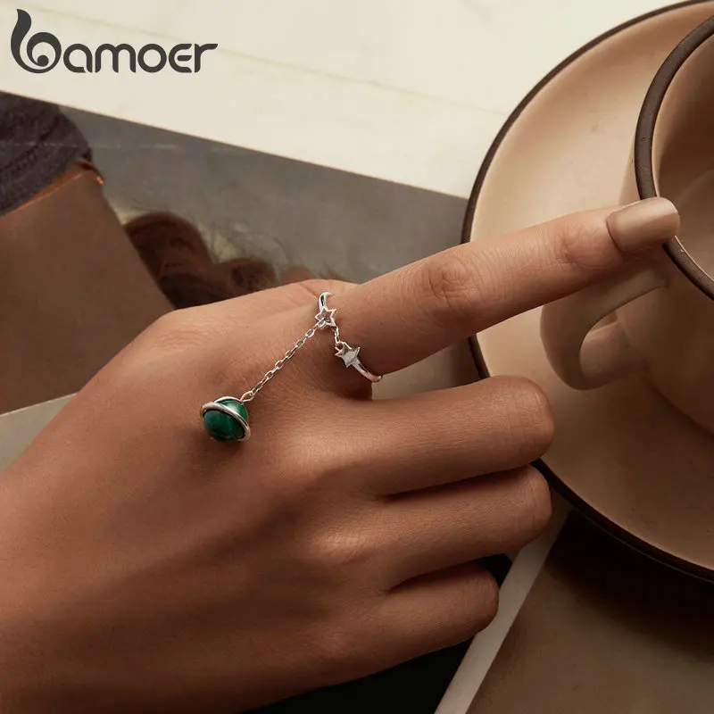 BAMOER 925 Sterling Silver Natural Malachite Chain Double Layer Ring Double Stars Adjustable Ring for Women Fine Jewelry SCR1034