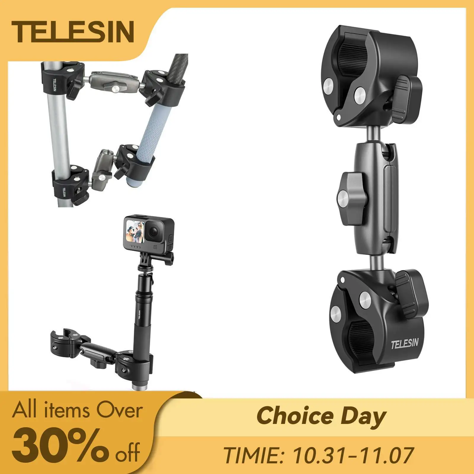 TELESIN Motorcycle Bike Monopod Bicycle Handlebar Panoramic Mount Invisible Selfie Stick Bracket for GoPro Hero DJI Insta360