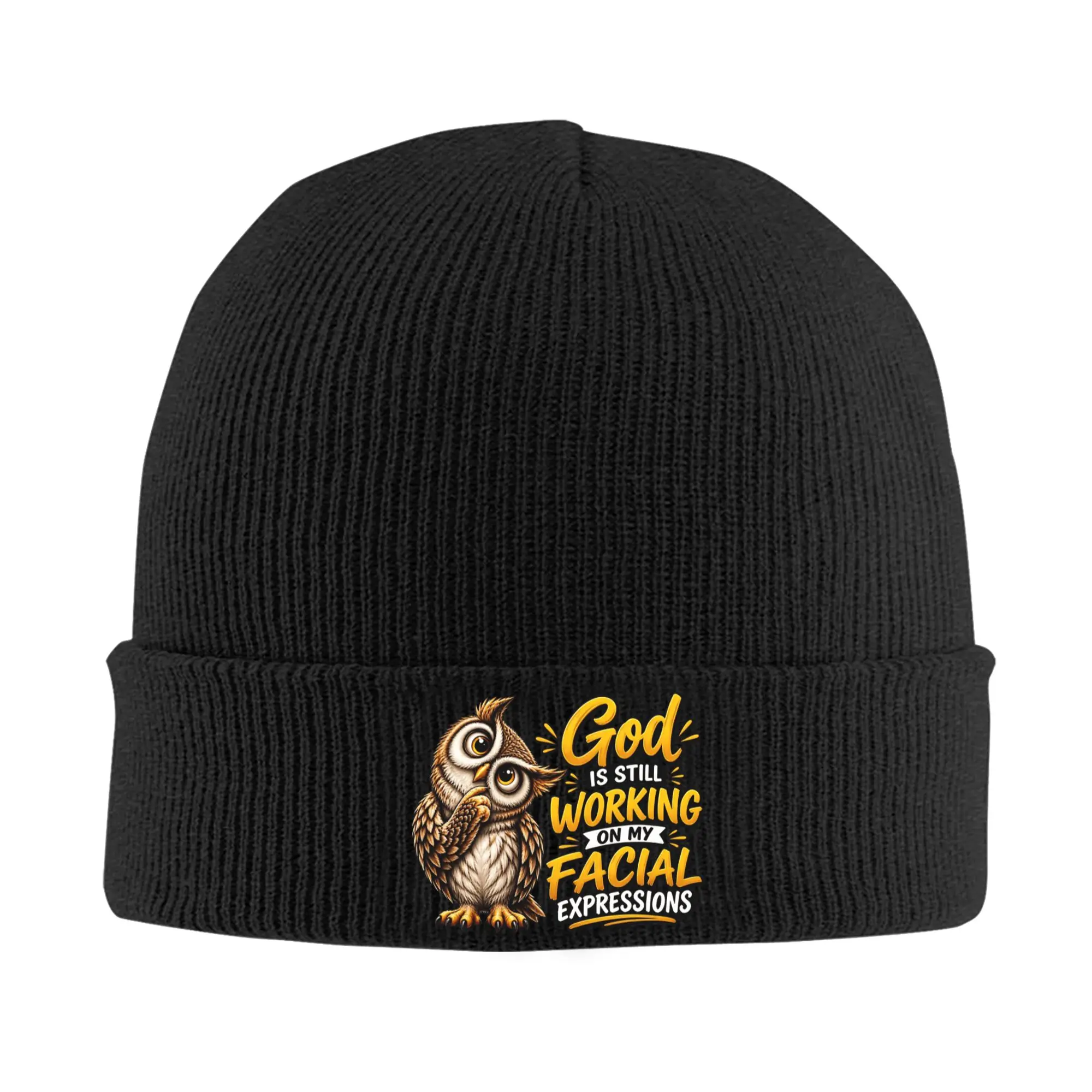 God Is Still Working On My Facial Expressions Funny Owl Beanie Hats  Bonnet Hats Adult Unisex Vintage Kpop Skullies Beanies Caps