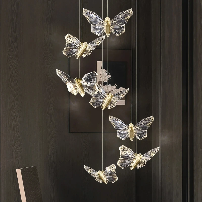 Crystal butterfly lamp Nordic Luxury Crystal Staircase Chandelier for Hotel Lobby Butterfly Art Lighting Decoration