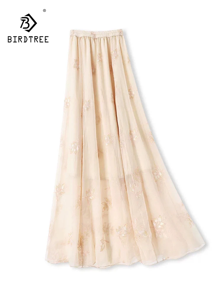 

Элегантные шелковые юбки BirdTree, с эластичной высокой талией и вышивкой, свободные женские юбки А-силуэта для пляжного отдыха, новинка лета 2026 B63031CC