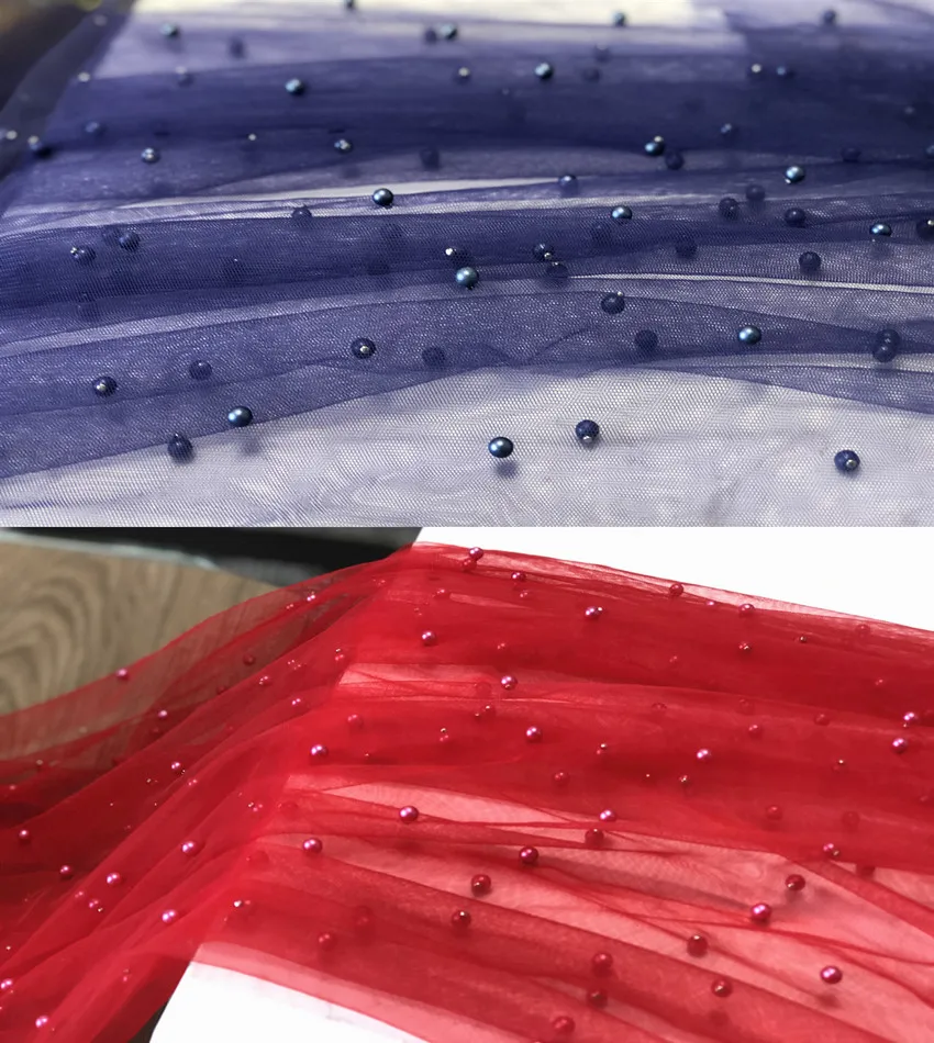 Red Blue Pearl Mesh Transparent Beaded Yarn Background Scene Layout Draping Fabric for Wedding Dress Designer Fabric