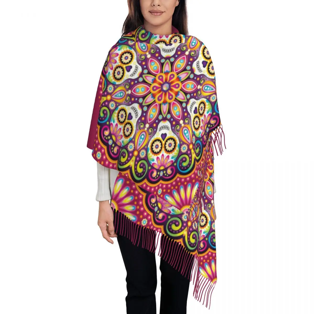 

Custom Mexican Sugar Skull Mandala Tassel Scarf Women Winter Warm Shawls Wraps Lady Halloween Day Of The Dead Scarves