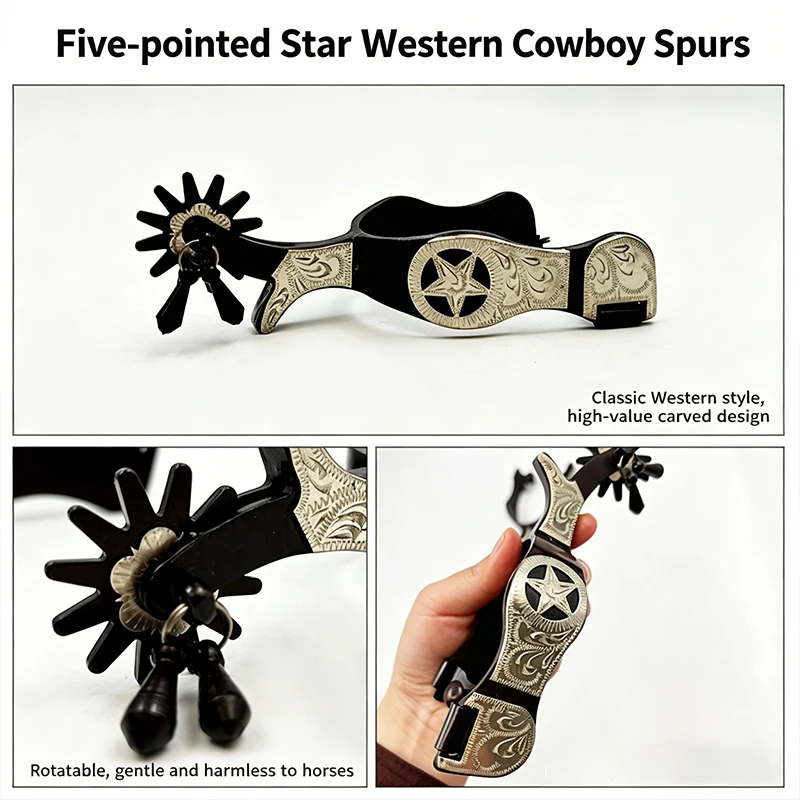 Classic Western Star Spurs with Engraved Pentagram & Rotating Rowel, Equestrian Training & Competition Horse Riding Spurs