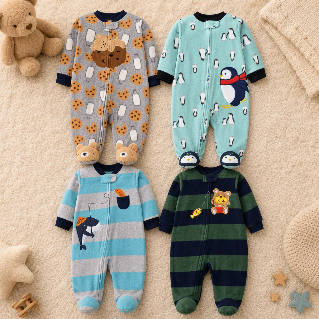 Infant Boys Polar Fleece Footed Romper Striped Cartoon Print Cute Animal Embroidery Zip Onesie Autumn Winter Warm Baby Wear 3-9M