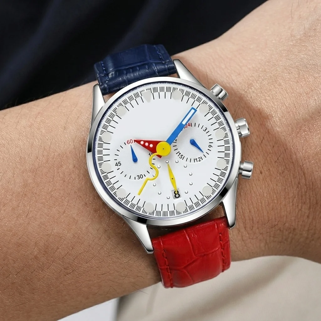 Twisted Pointers Multifunctional Quartz Watches Men Red Blue Two-color Leather Colorful Creative Unique Men Watch Clock Reloj