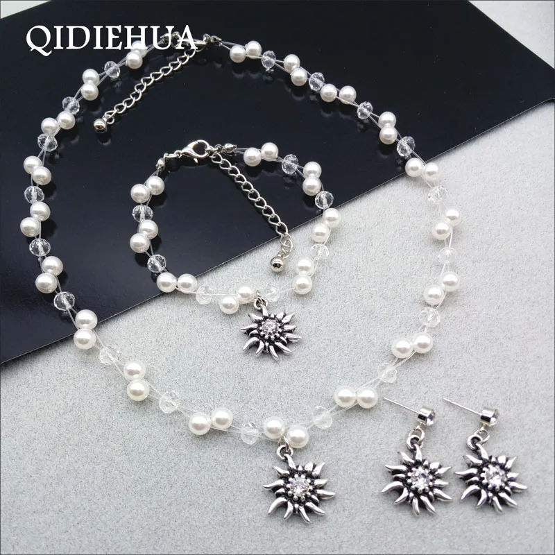 Fashion Simple Edelweiss Jewelry Set For Women Handmade Simulated Pearl Crystal Flower Necklace Earring Bracelet Combo Jewelry