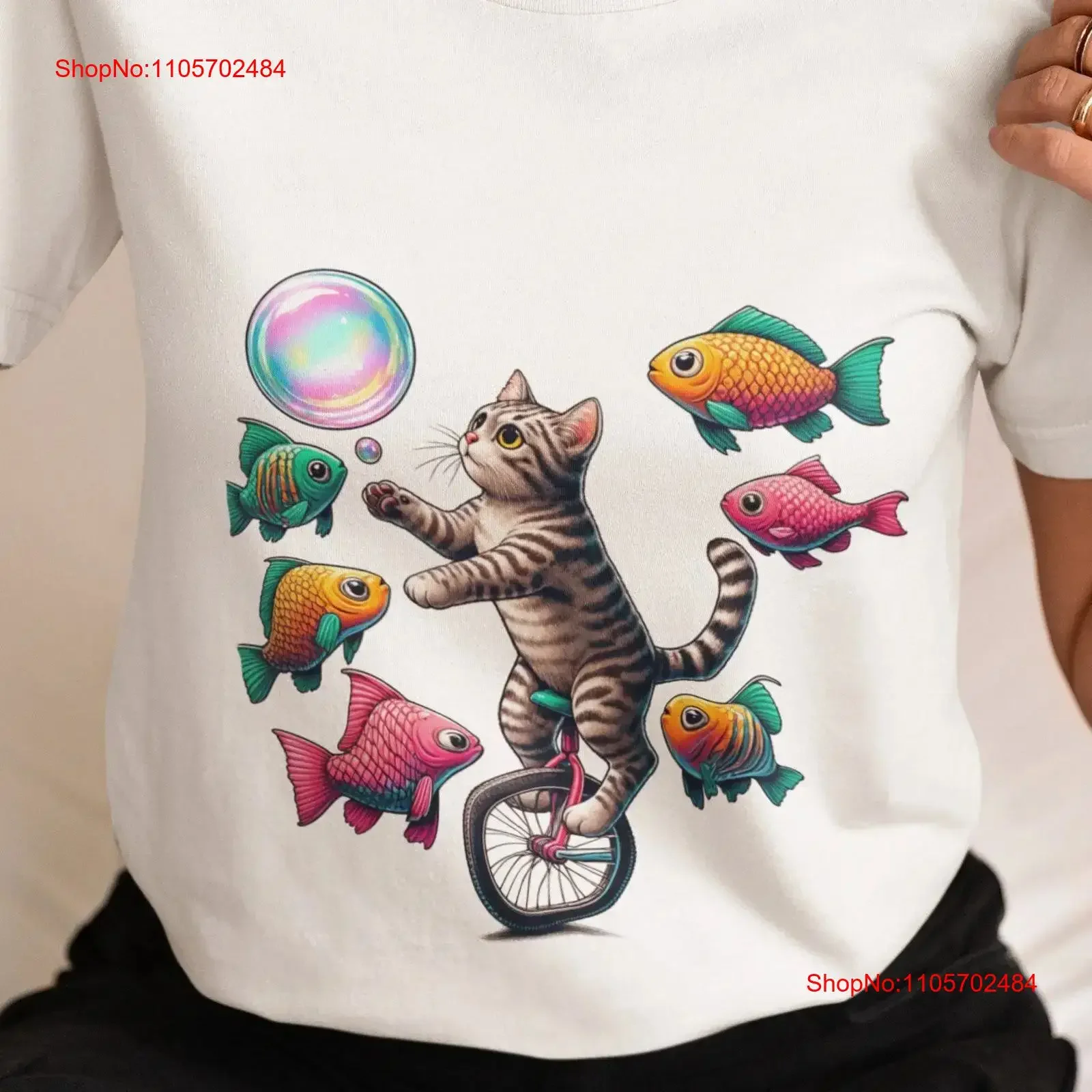 Quirky Unicycle Cat Vivid Fish Print T Shirt Top Premium Cotton Whimsical Retro Unique Idea for All vintage Washed Stylish