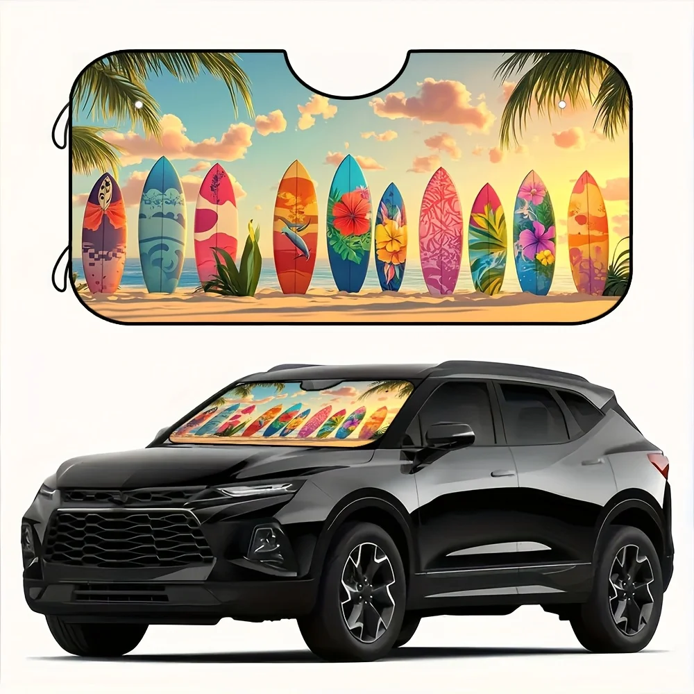 1pc, Surfer' Lounge Sunshade with Surfboards and Tropical Birds, 4 Suction Cups, Great for Surfing Events, Coastal Escapes