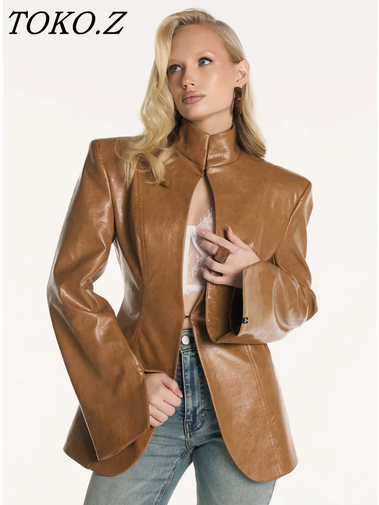 

TOKO Women's Spring Summer Stand Collar Open Front Exaggerated Sleeve Faux Leather Blazer Streetwear 2026 Trendy Fashion Blazer