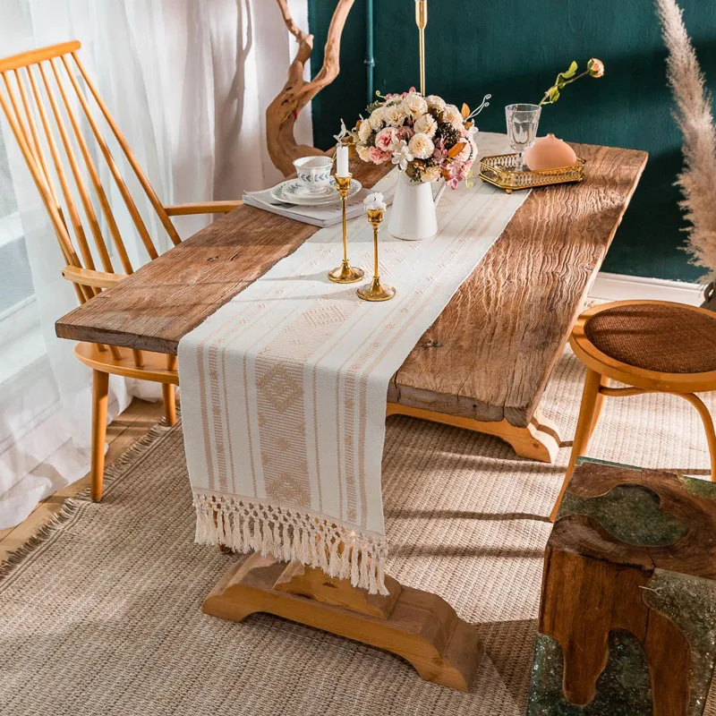 Nordic Ins Style Striped Splicing Table Runner Handmade Tassel Dining Table Cover Towel Fashion Home Decoration Table Runner