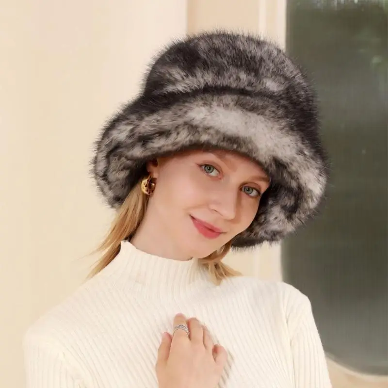 652F Thicken Plush Bucket Hat for Woman Windproof Faux Furs Design Bucket Hat Adult Teens Winter Keep Warm Fisherman Cap