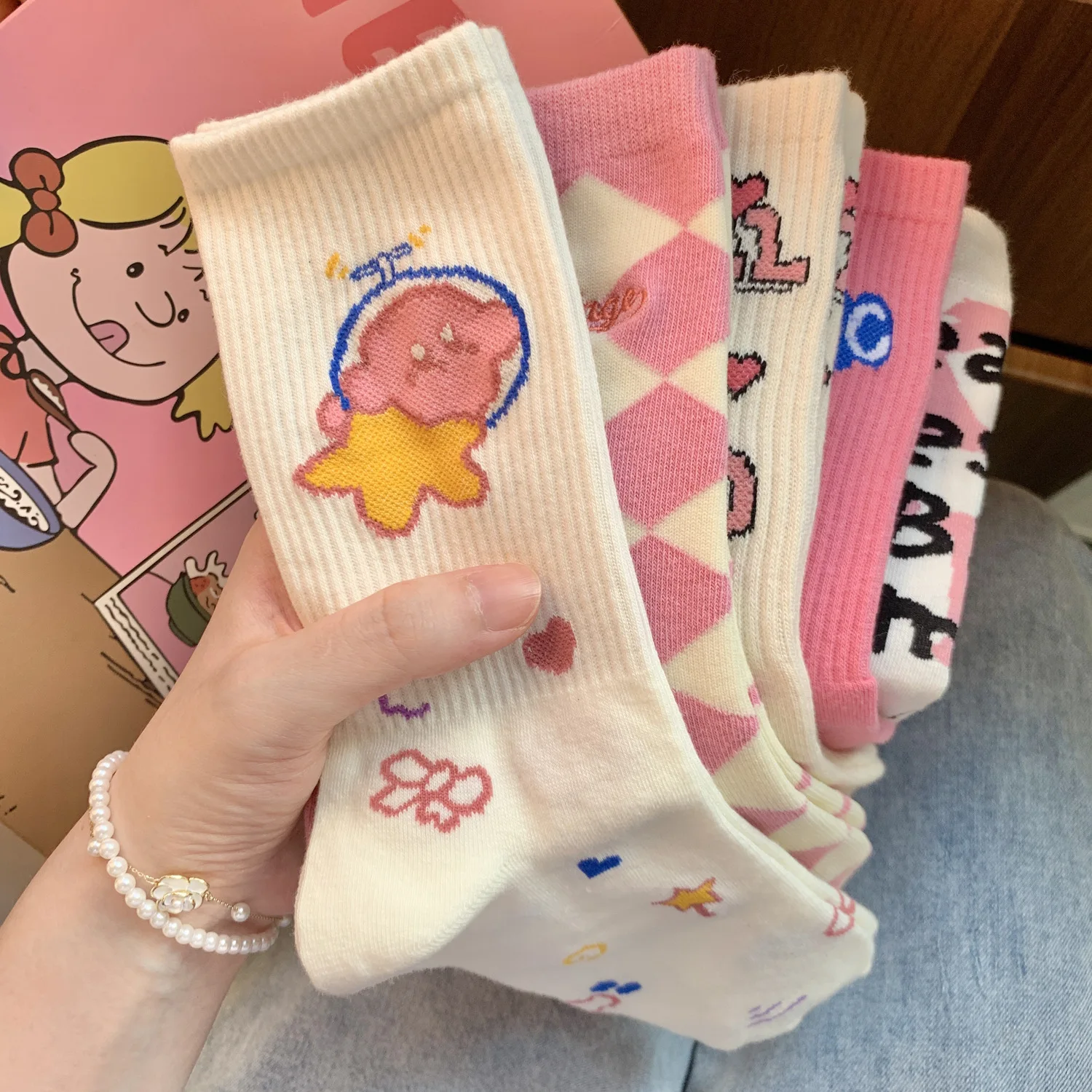 Calcetines rosas de dibujos animados lindos para mujeres dulces niñas estudiantes deportes calcetines de media pantorrilla