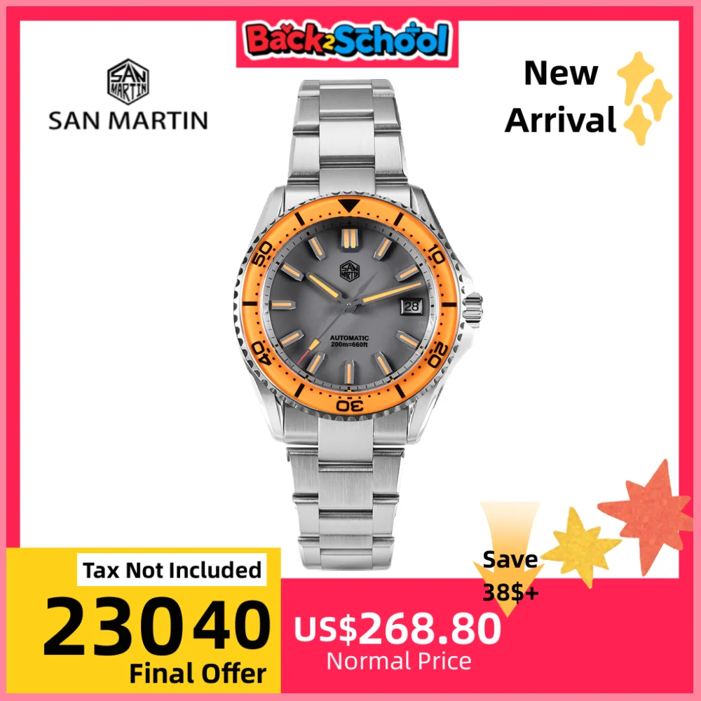 San Martin Sapphire Bezel Enamel DialNH35 Men Watch Sports 3H Date 20Bar Waterproof BGW-X1 / Orange Luminous Wristwatch SN0129D