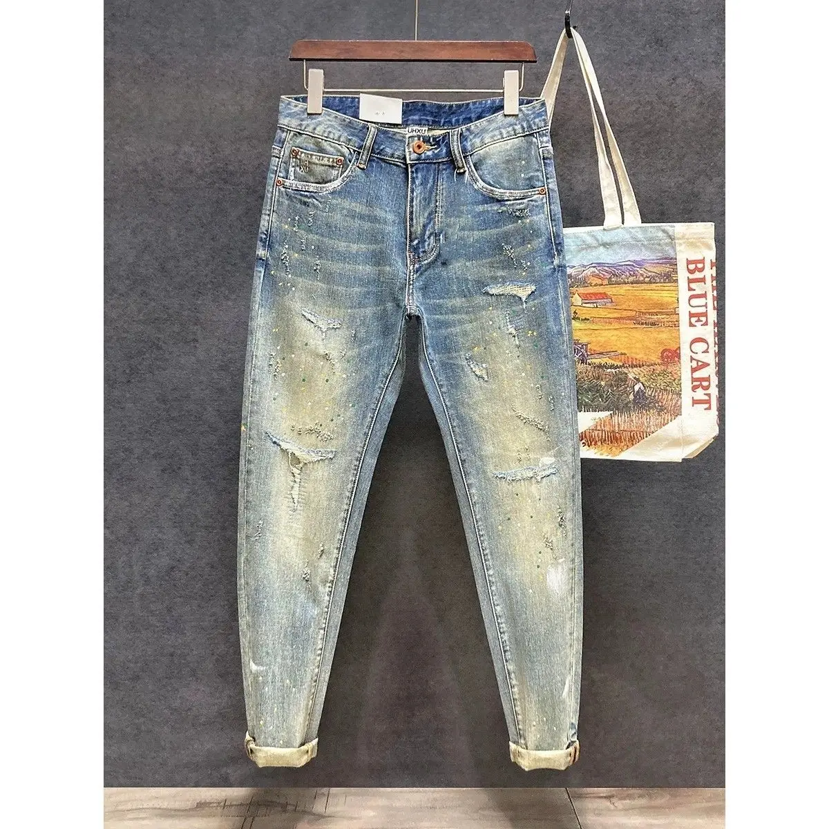 Jeans casual rasgado estilo Harajuku masculino, calça jeans slim fit, jeans clássico, cowboy vintage Kpop, moda primavera-outono