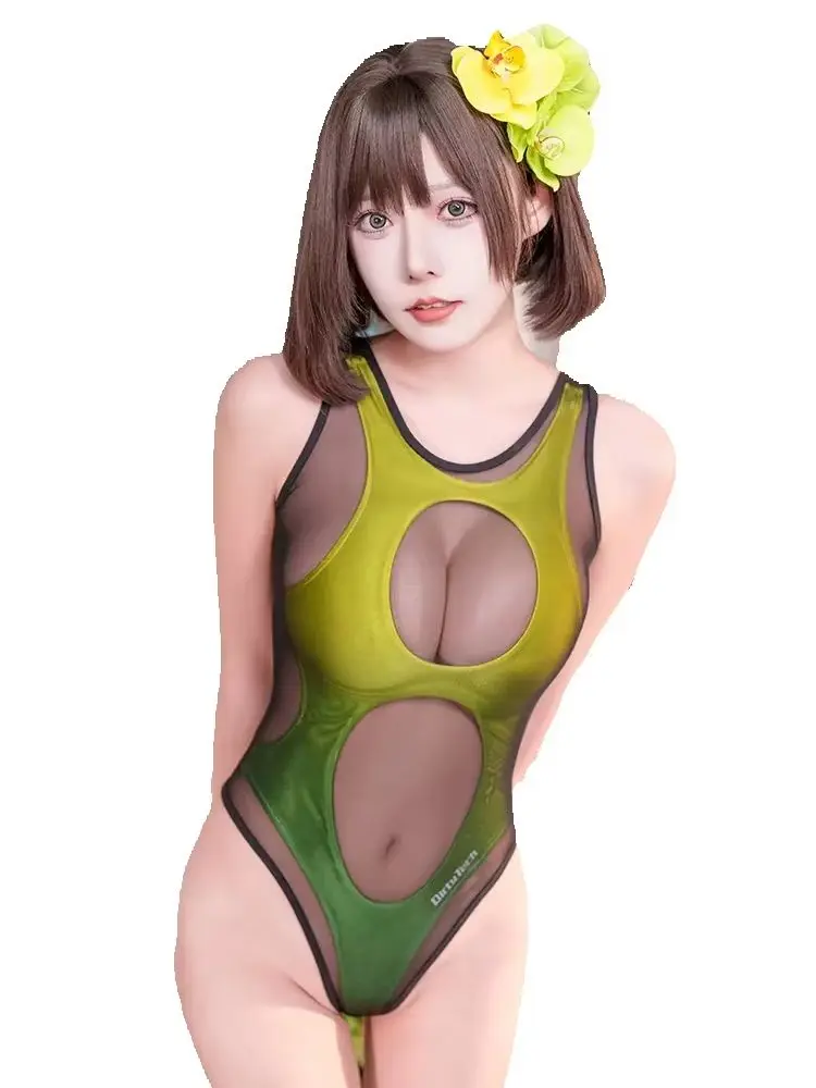 Anime Cosplay One Piece Swimsuit Women High Cut Hollow Out Sheer Mesh Transparent Overlay Quick Dry Sexy Cute Competitive Swim