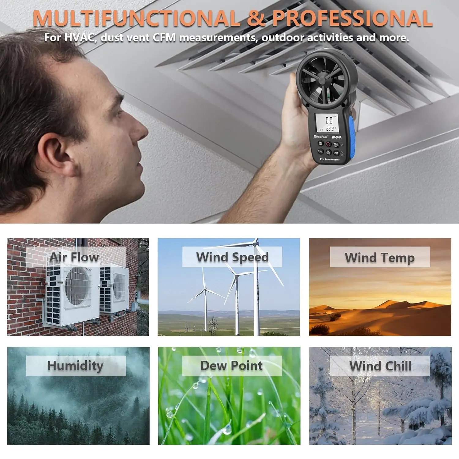 مقياس شدة الريح الرقمي من Holdpeak مقياس CFM محمول باليد HP-866A مع اتصال USB ونقطة الندى ومقياس كتلة الهواء مع عقد البيانات وUSB #6