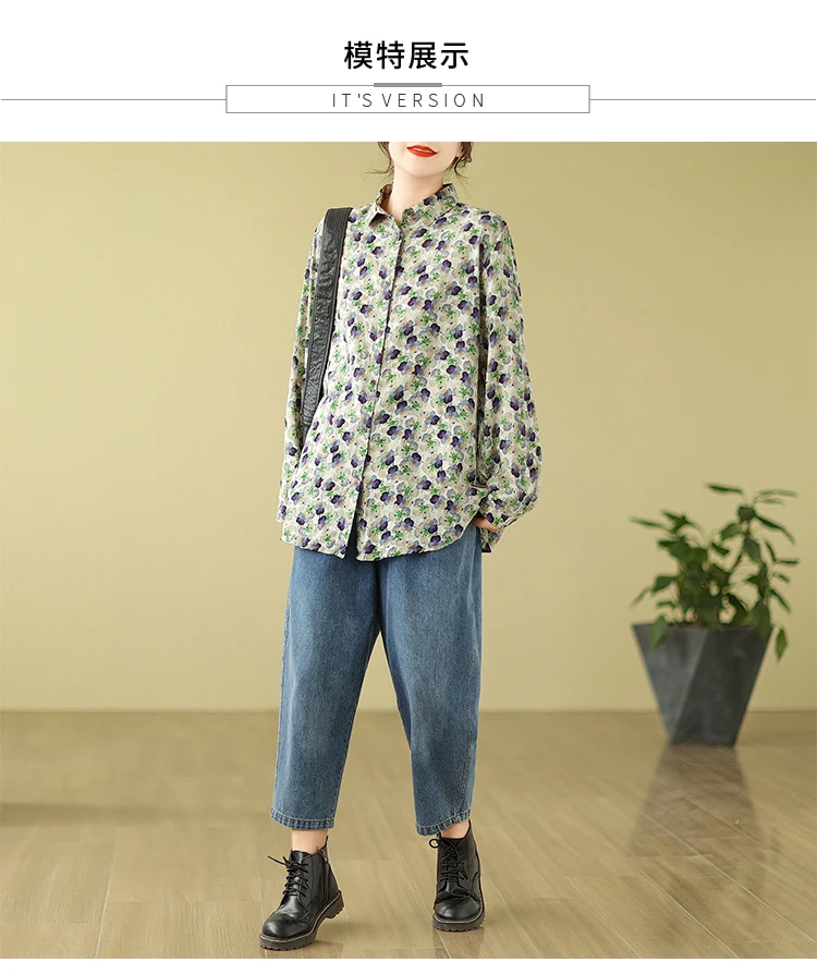 THHONE Women Plus Size 2024 New Oversized Blouses Shirt Loose Korean Style Printed Casual Cotton Linen Tops Mujer Blusas Camisas