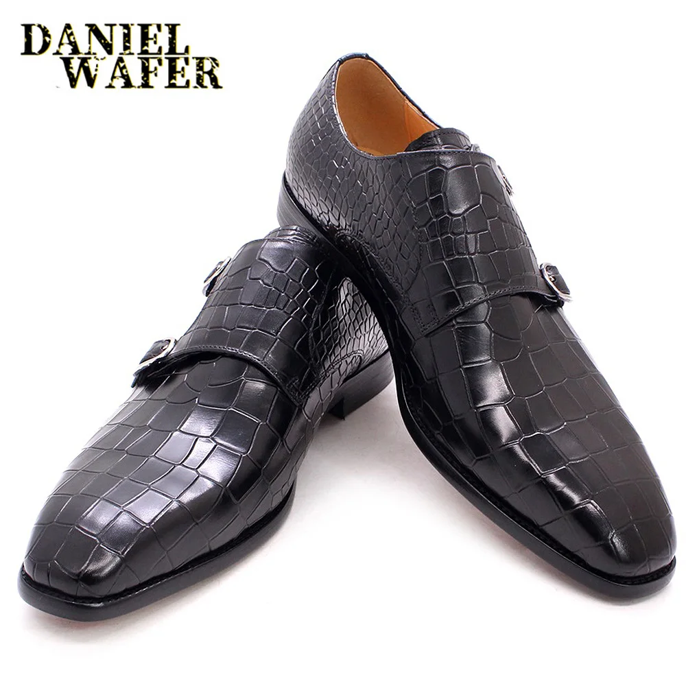 Men\'s Luxury Italian Mens Shoes Real Leather Pointed Toe Double Buckles Alligator Parrint  Formal Business Black Shoes for Male