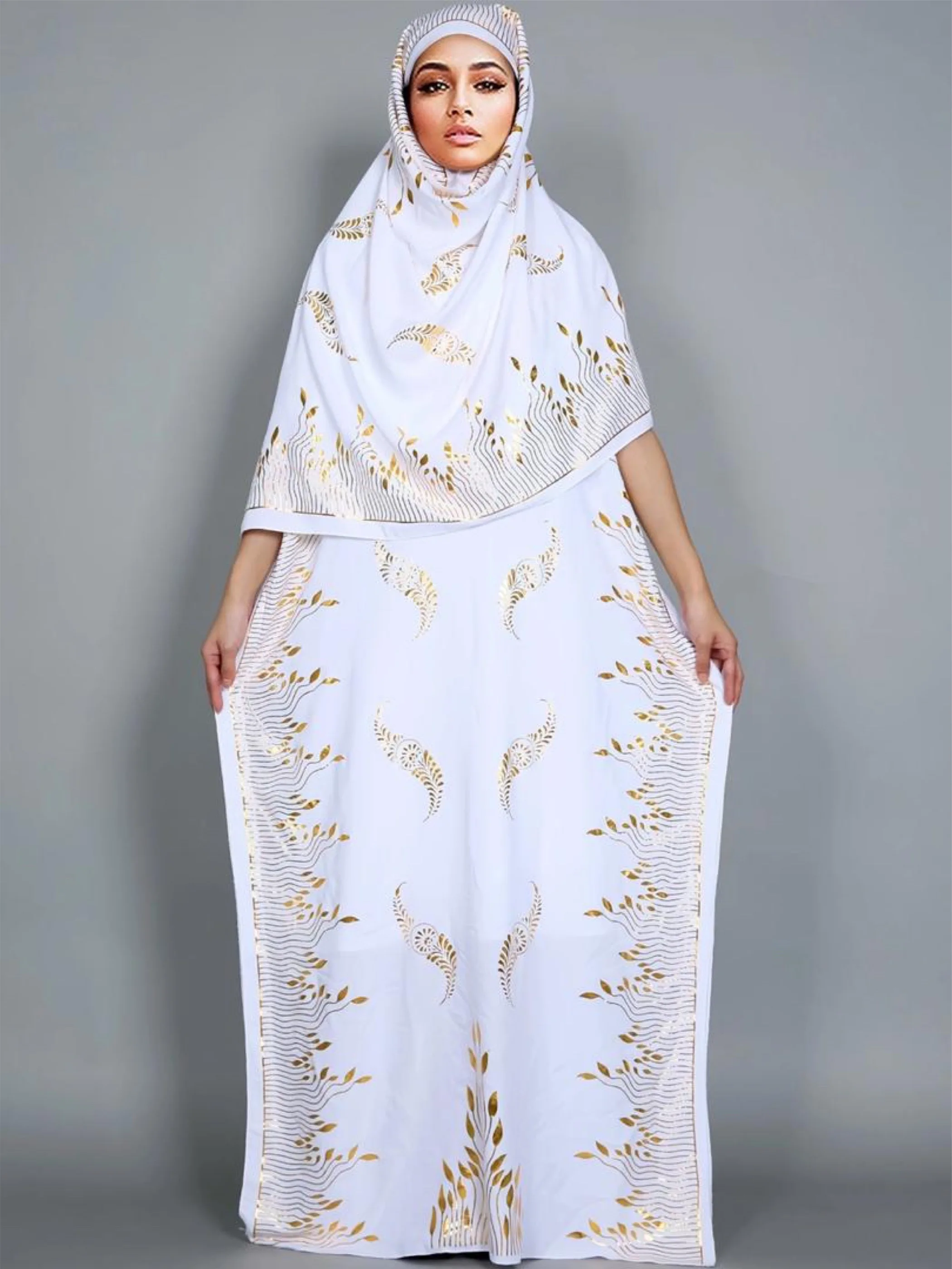 2024Newest Summer Abaya Dress Short Sleeve Cotton Loose Dress With Big Scarf Gold Stamping  Boubou Maxi Islam Women Clothing