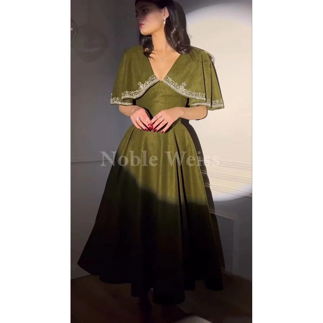 

V-Neck Satin Tea-Length Prom Dress Elegant A-Line Party Gown Customize