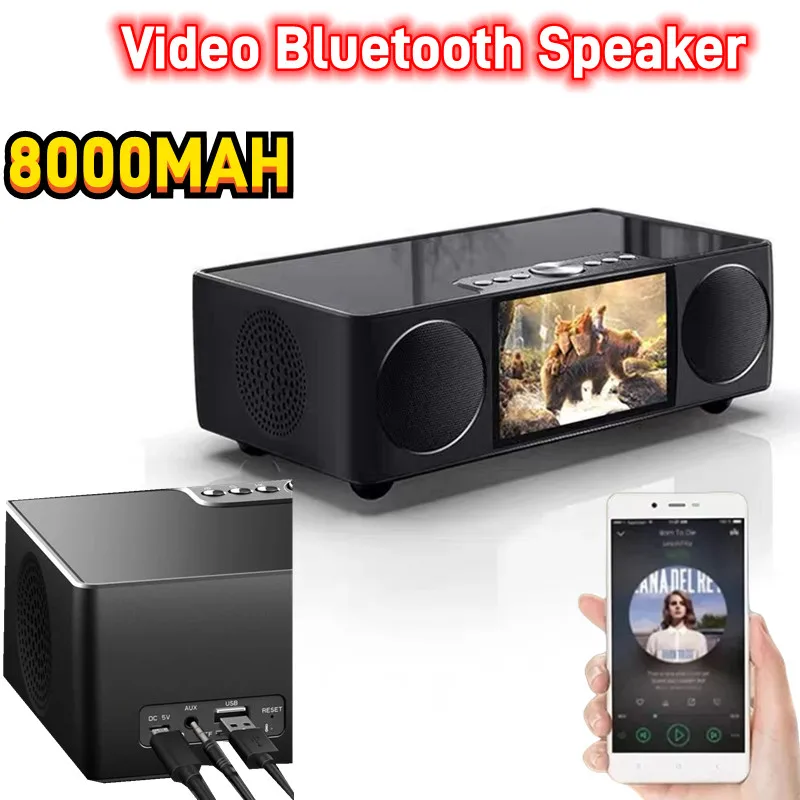 Многофункциональная Bluetooth-колонка, видеоплеер, 8800 мАч, домашний кинотеатр, звуковая шкатулка, музыкальная система с разъемом AUX, USB, TF, часами и дисплеем FM