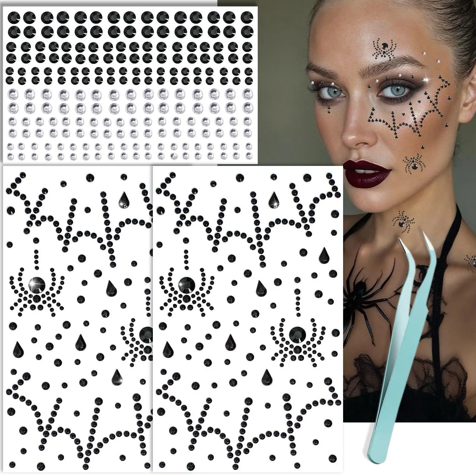 3D Spider Web Face Gems Halloween Makeup Face Jewels for Women Hair Gems Black Clear Face Rhinestones Stickers Spider Costume