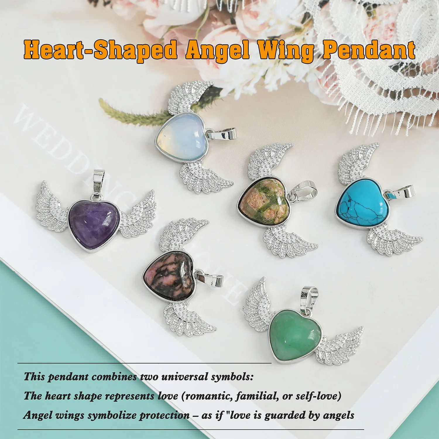 

VGDS Exquisit Natural Rose Quartz Crystal Heart Pendants Couple Angel Wing Necklaces Charms Fashion Jewelry for Men And Women