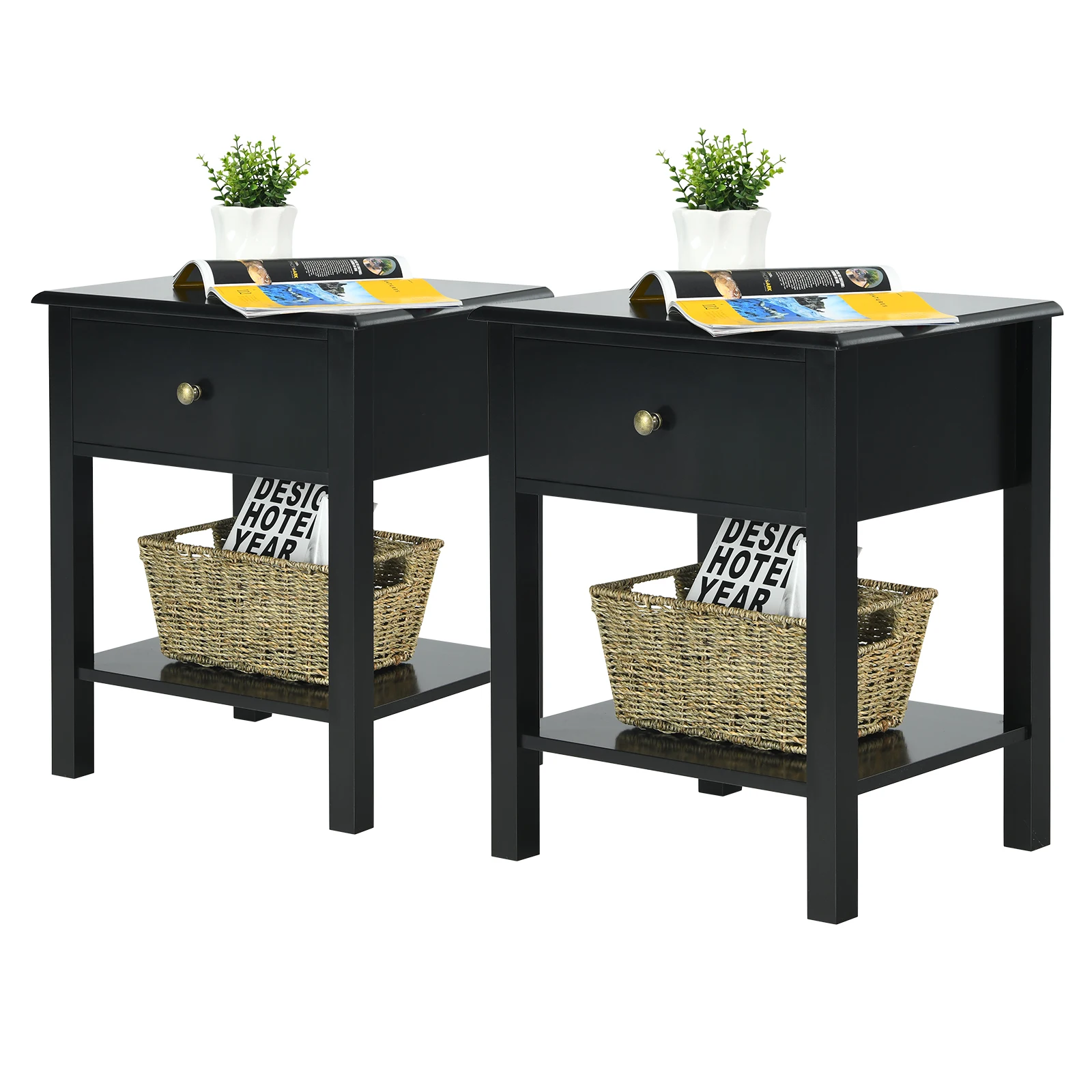 

2PCS End Table Nightstand Storage Display Drawer Shelf Beside Table Black