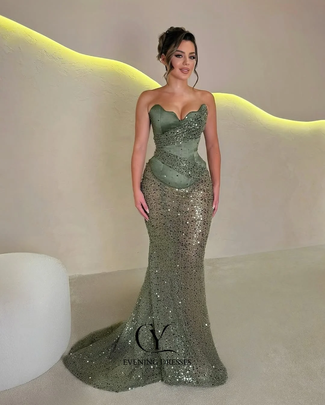 CUYUN Luksusowe sukienki wieczorowe dla kobiet w kolorze oliwkowej zieleni, szyte na miarę, syrenka, bez ramiączek, z cekinami, na formalne okazje, kolekcja 2025