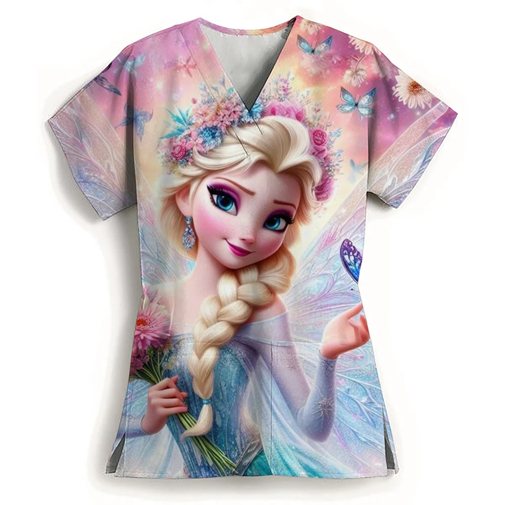 Beautiful Disney Princess Cartoon Pattern Printed Women's T-shirt Summer New Comfortable and Casual Nurse Uniform Y2k style Top