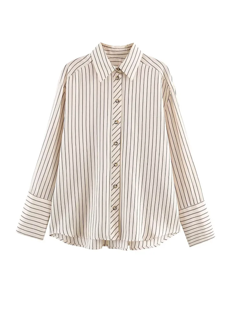 

Женская весенняя модная универсальная рубашка с отложным воротником и полосатыми манжетами, приталенная, в стиле High Street, повседневная, тонкая, свободная, с длинным рукавом