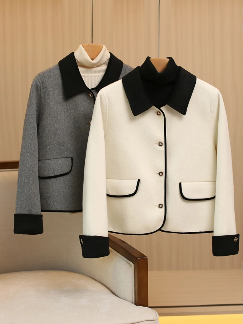 

Double-Faced Camere Coat with Stand Collar Color Blo Design anghai Sle Ele Lady's Jaet Long Sve Single Button