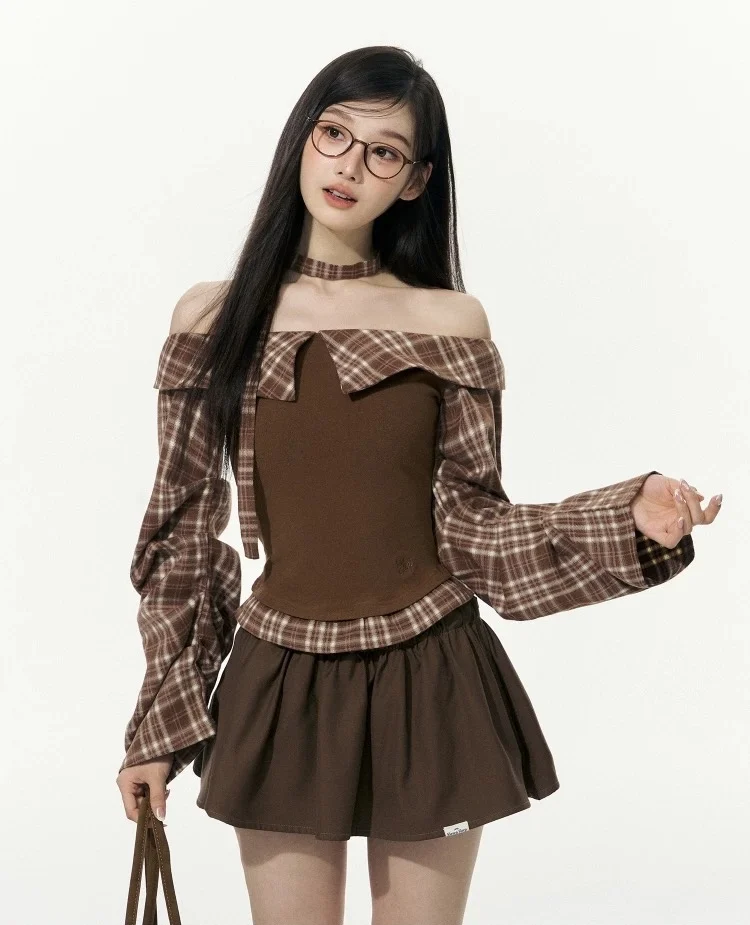 Autume Gothic Vintage Elegant 2 Piece Sets Women Y2k Slash Neck Design Blouse + Chic Skirt Female Plaid Korean Popular Clothes image 3