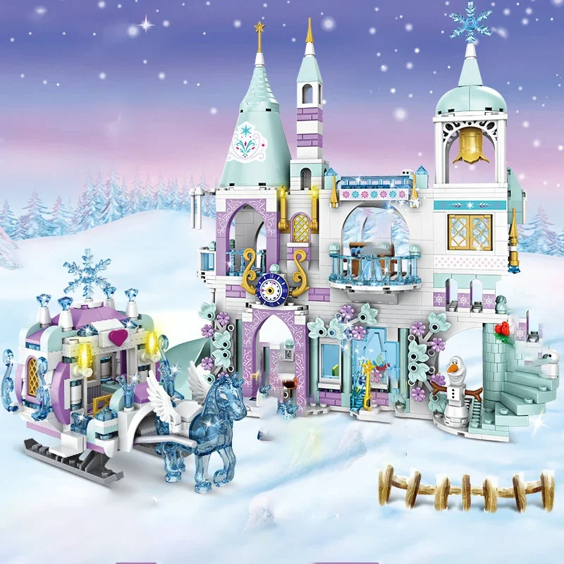Nova princesa luxo castelos de gelo playground casa filmes inverno neve cavalo figuras blocos de construção conjunto brinquedo para meninas presente diy